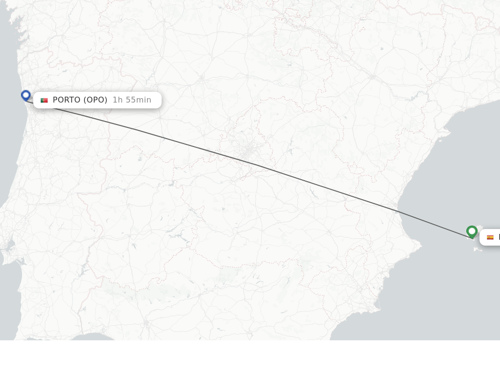 Flights from Ibiza to Porto route map
