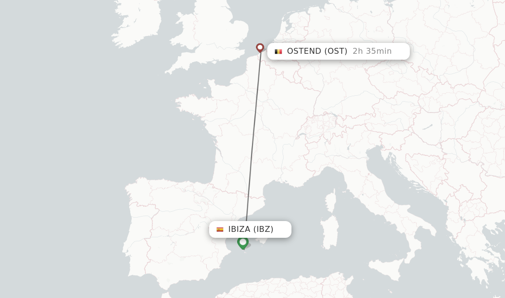 Flights from Ibiza to Ostend route map