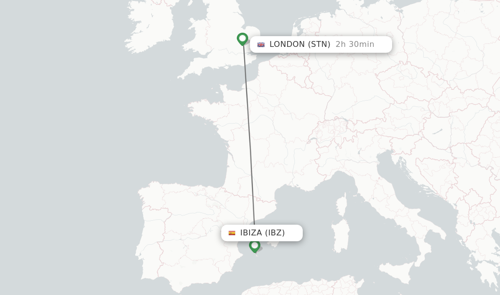 Flights from Ibiza to London route map