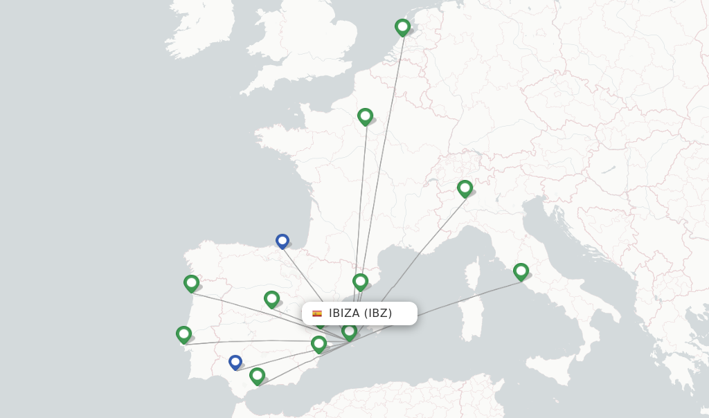 Route map with flights from Ibiza with Vueling