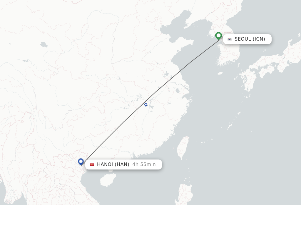 Flights from Seoul to Hanoi route map