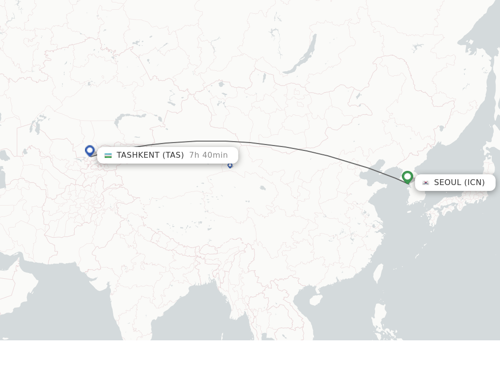 Flights from Seoul to Tashkent route map