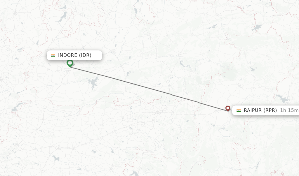 Flights from Indore to Raipur route map