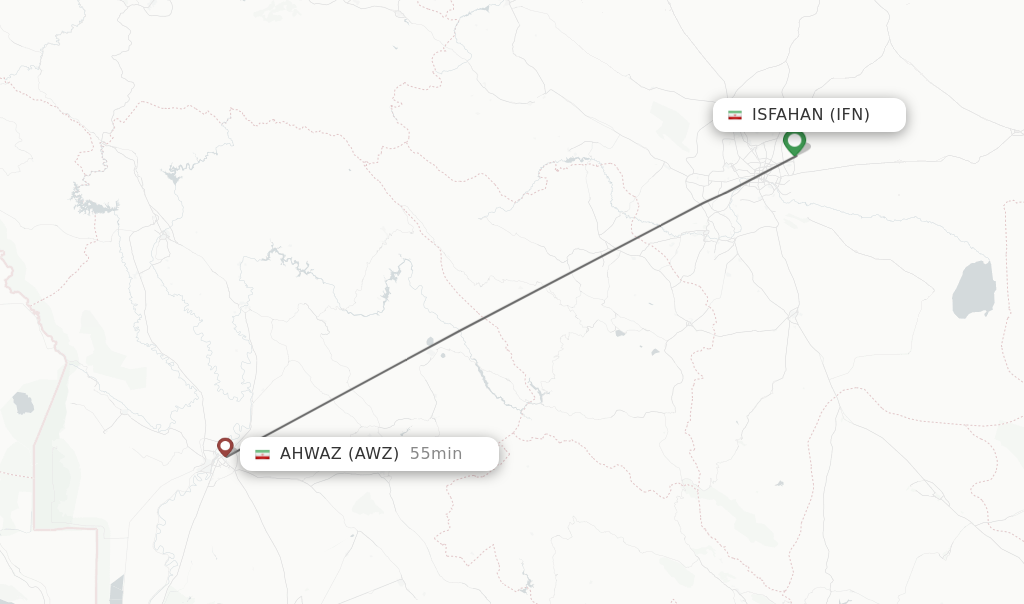 Flights from Isfahan to Ahwaz route map