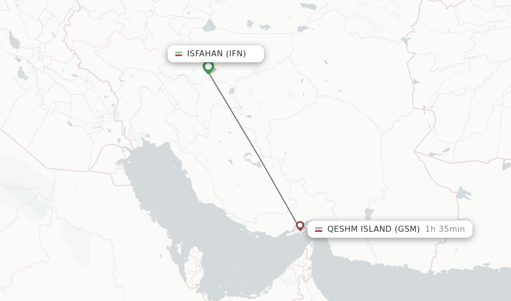 Flights from Isfahan to Qeshm Island route map