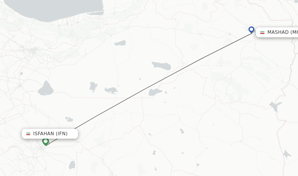 Flights from Isfahan to Mashad route map