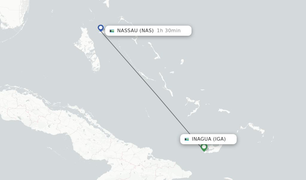 Flights from Inagua to Nassau route map
