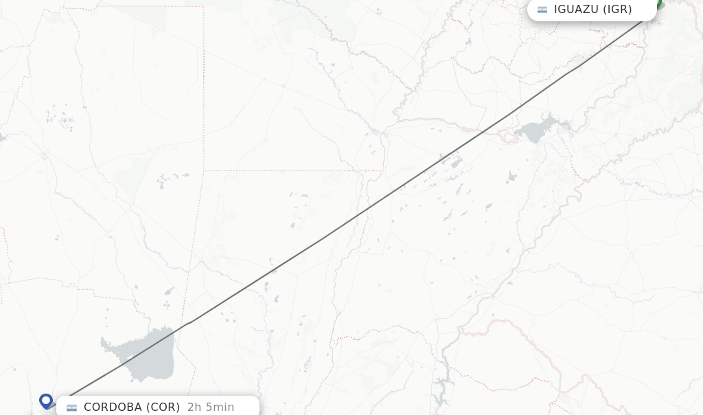 Flights from Iguazu to Cordoba route map