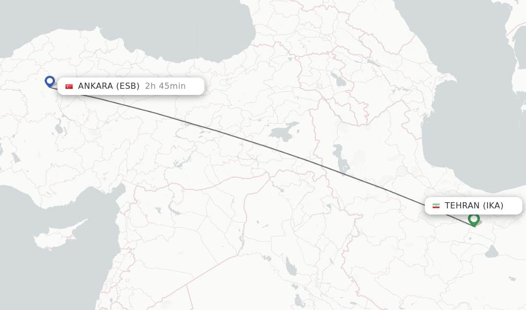 Flights from Tehran to Ankara route map