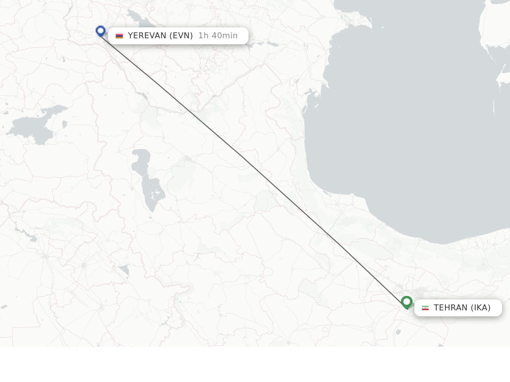 Flights from Tehran to Yerevan route map