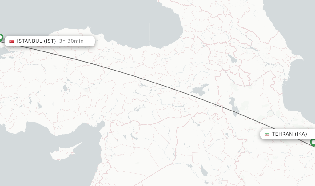 Flights from Tehran to Istanbul route map