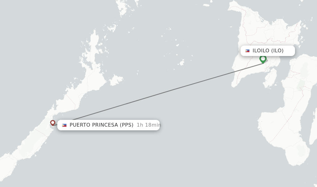 Flights from Iloilo to Puerto Princesa route map