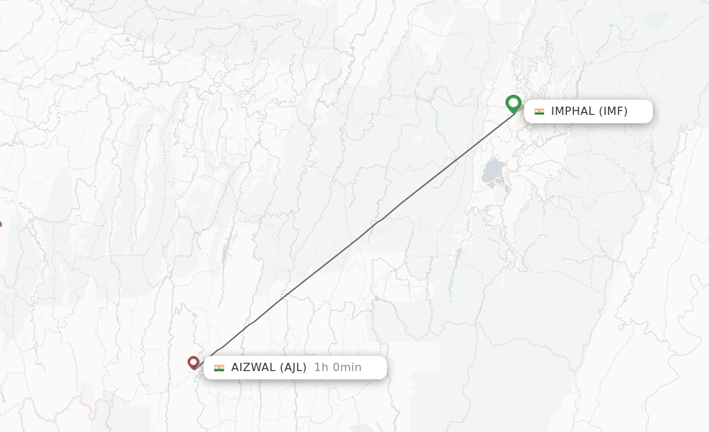 Flights from Imphal to Aizawl route map