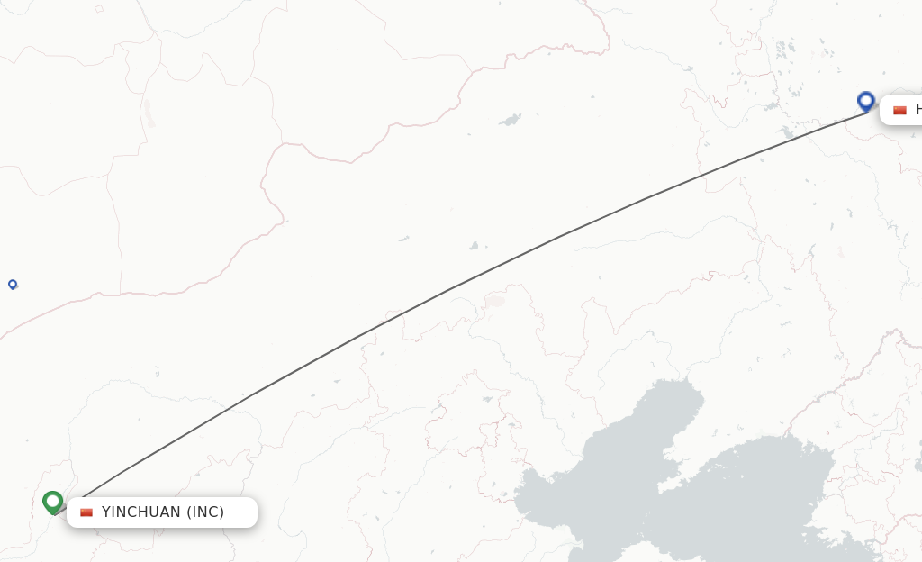 Flights from Yinchuan to Harbin route map