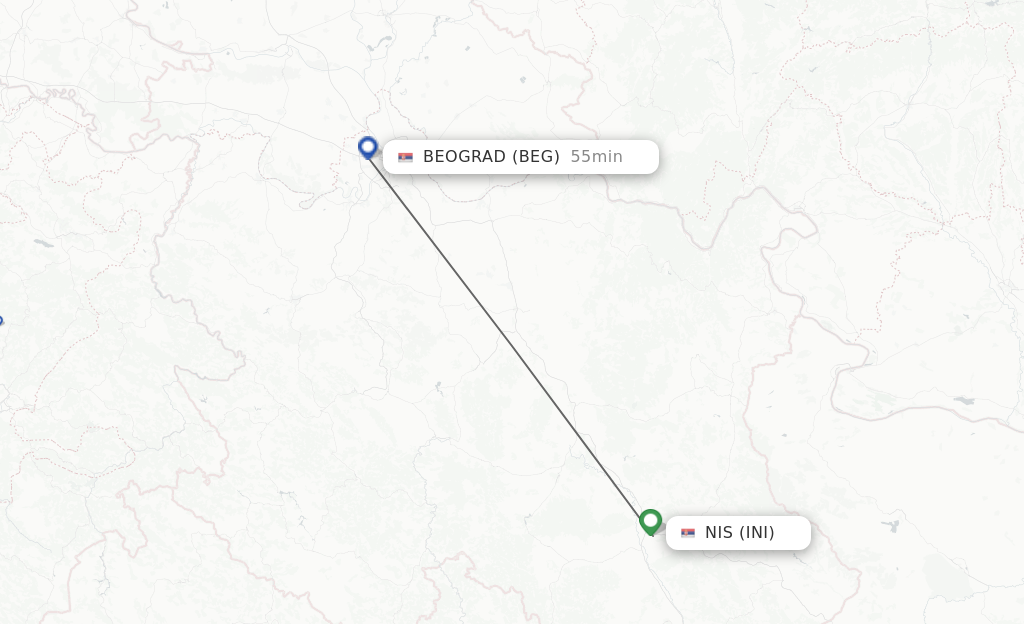 Flights from Nis to Belgrade route map