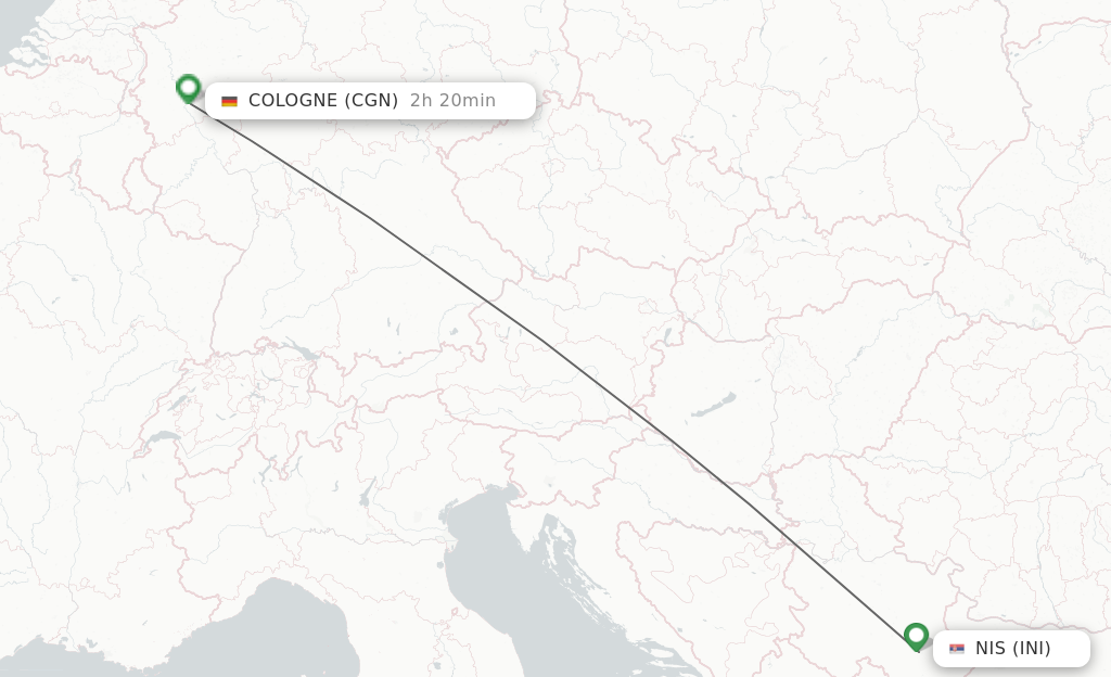 Flights from Nis to Cologne route map