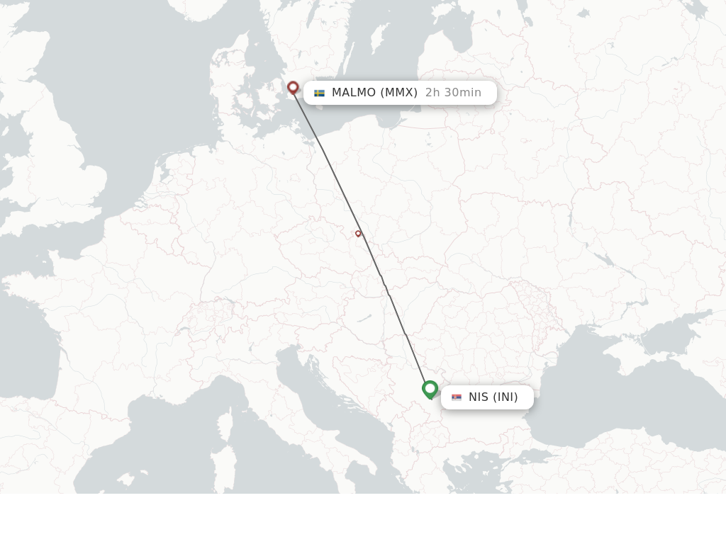 Flights from Nis to Malmo route map