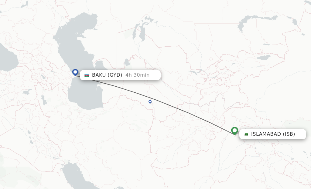 Flights from Islamabad to Baku route map