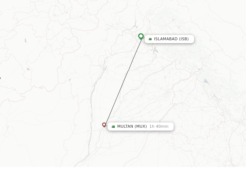Flights from Islamabad to Multan route map