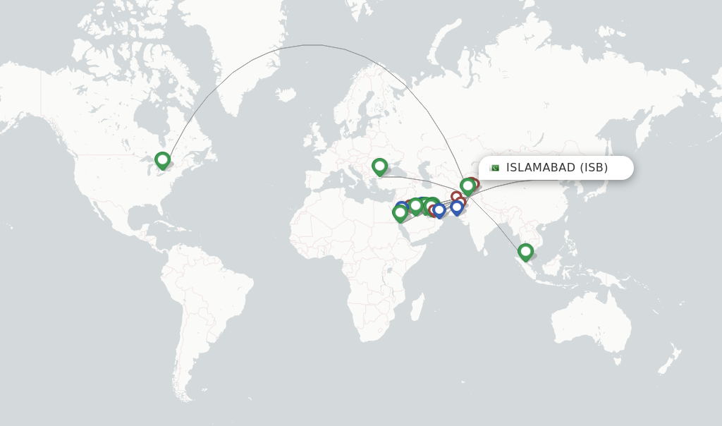 Route map with flights from Islamabad with PIA