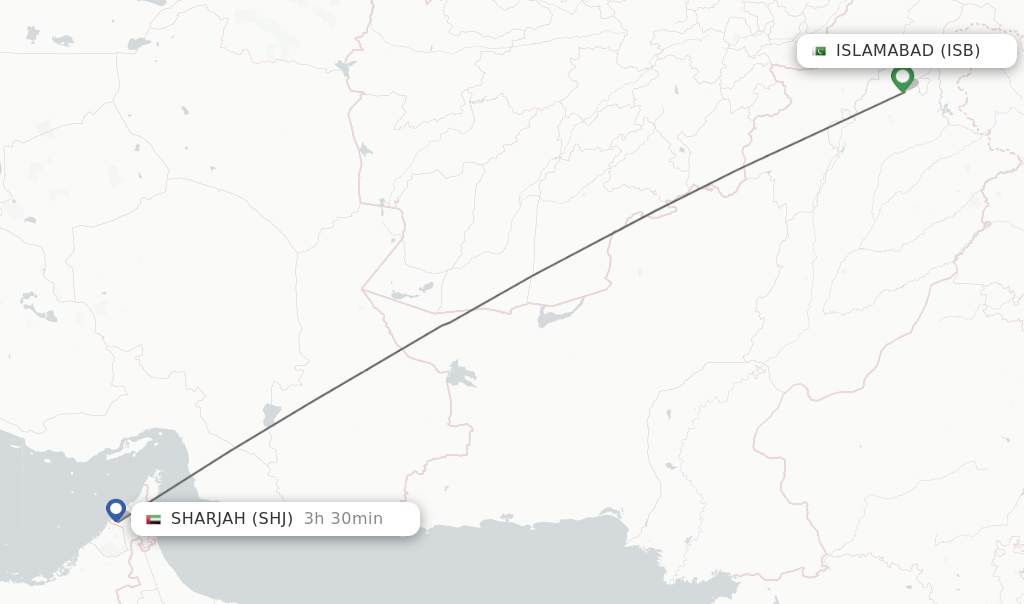 Flights from Islamabad to Sharjah route map