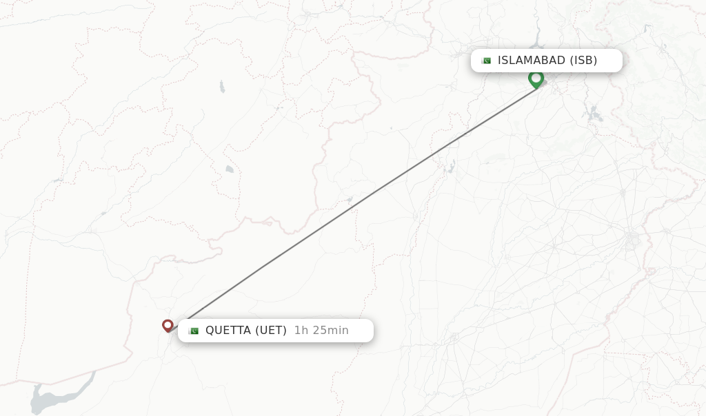 Flights from Islamabad to Quetta route map
