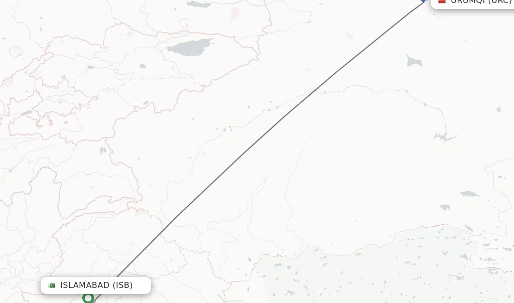 Flights from Islamabad to Urumqi route map