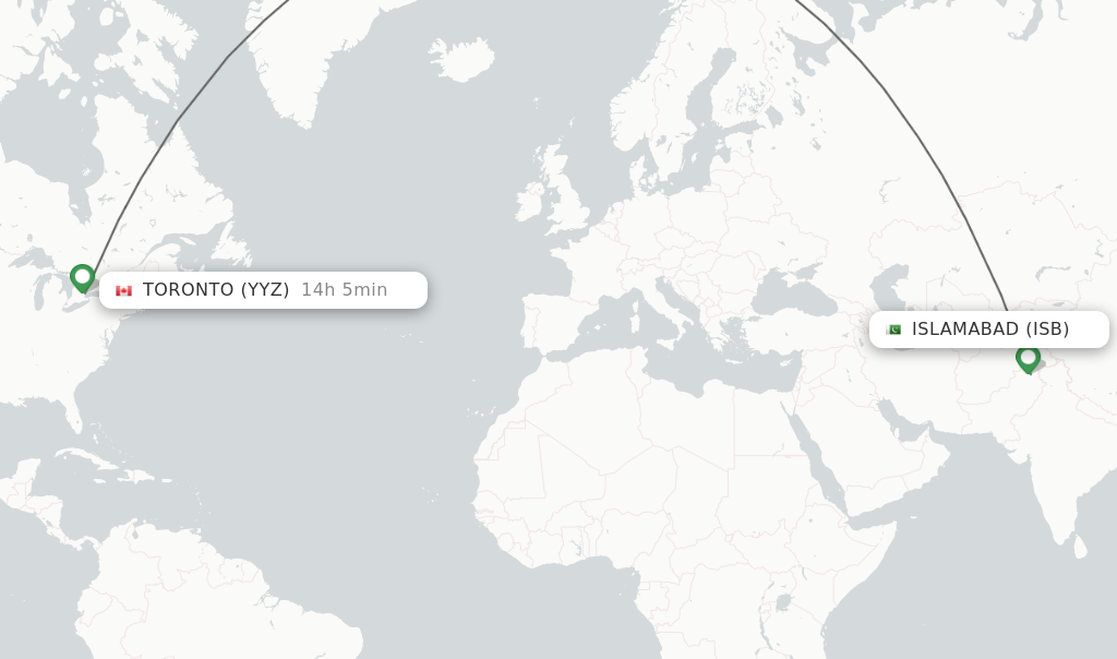 Flights from Islamabad to Toronto route map