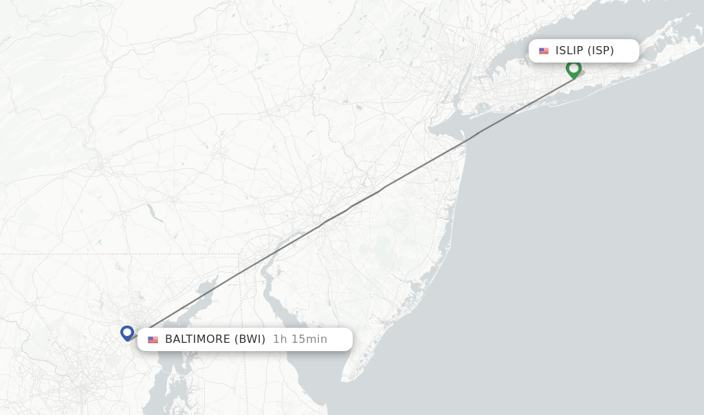 Flights from Islip to Baltimore route map