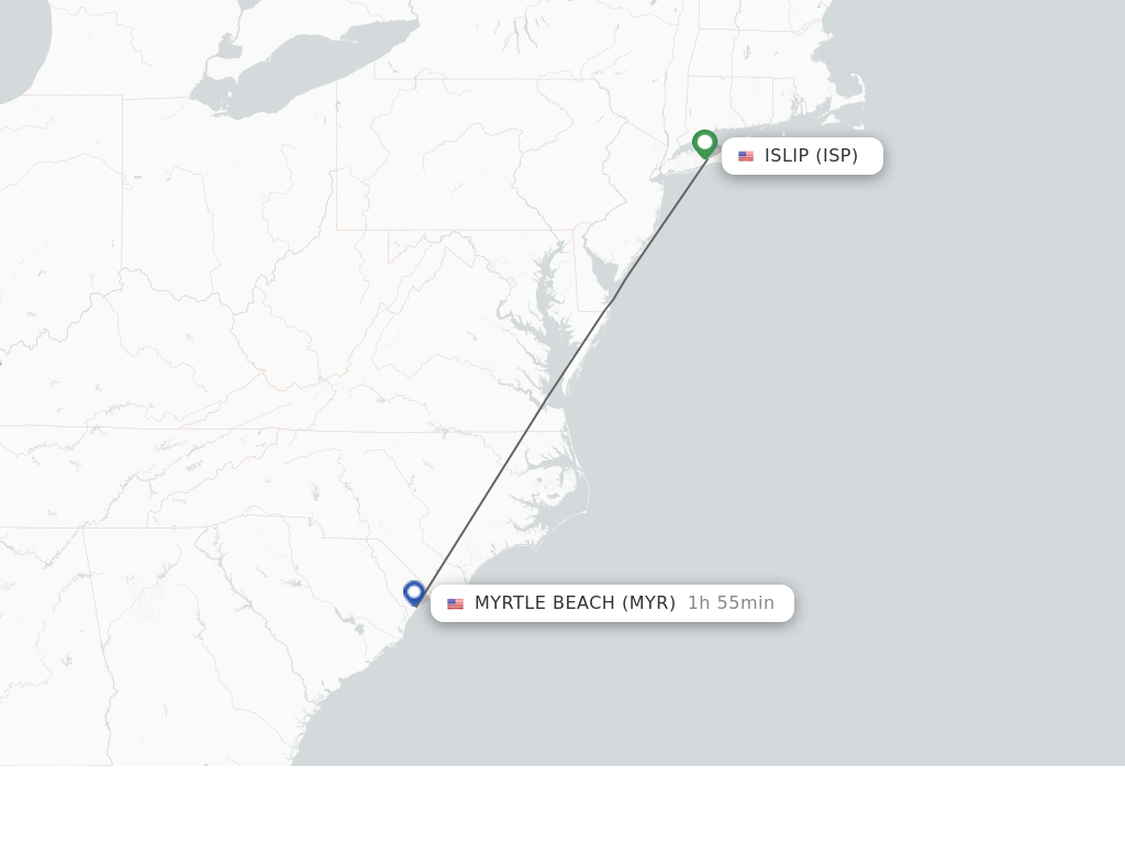 Flights from Islip to Myrtle Beach route map
