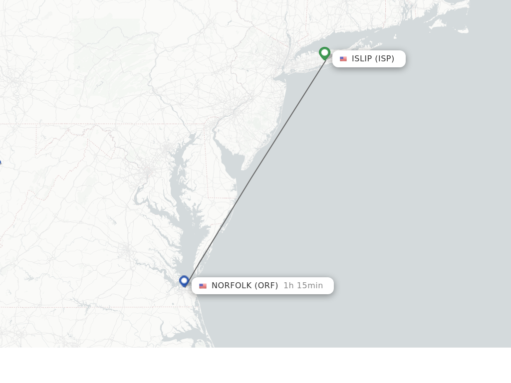 Flights from Islip to Norfolk route map