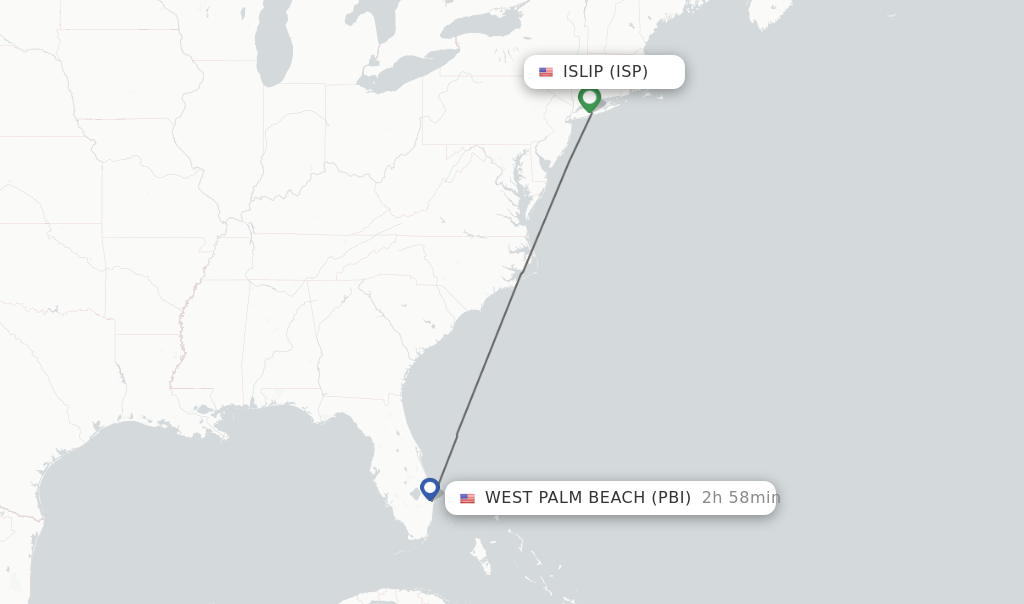Flights from Islip to West Palm Beach route map
