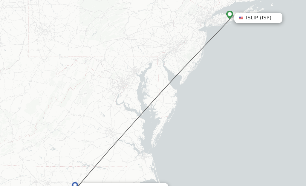 Flights from Islip to Raleigh/Durham route map