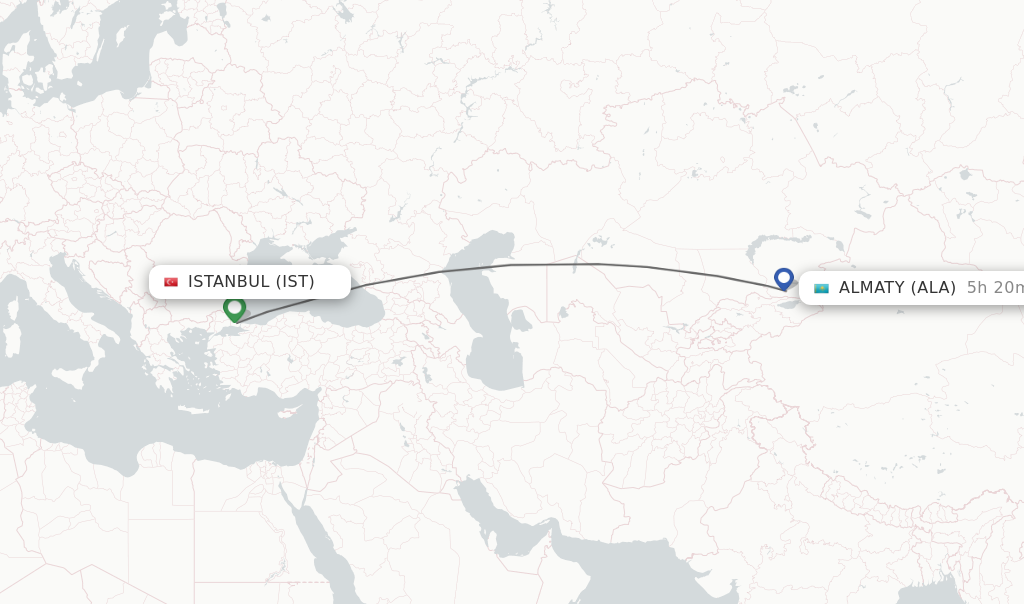 Flights from Istanbul to Almaty route map