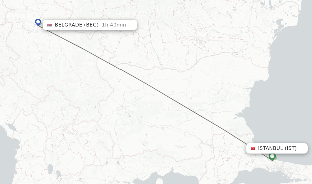 Flights from Istanbul to Belgrade route map