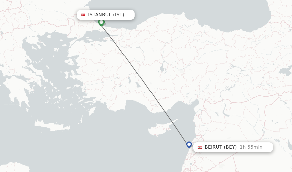 Flights from Istanbul to Beirut route map