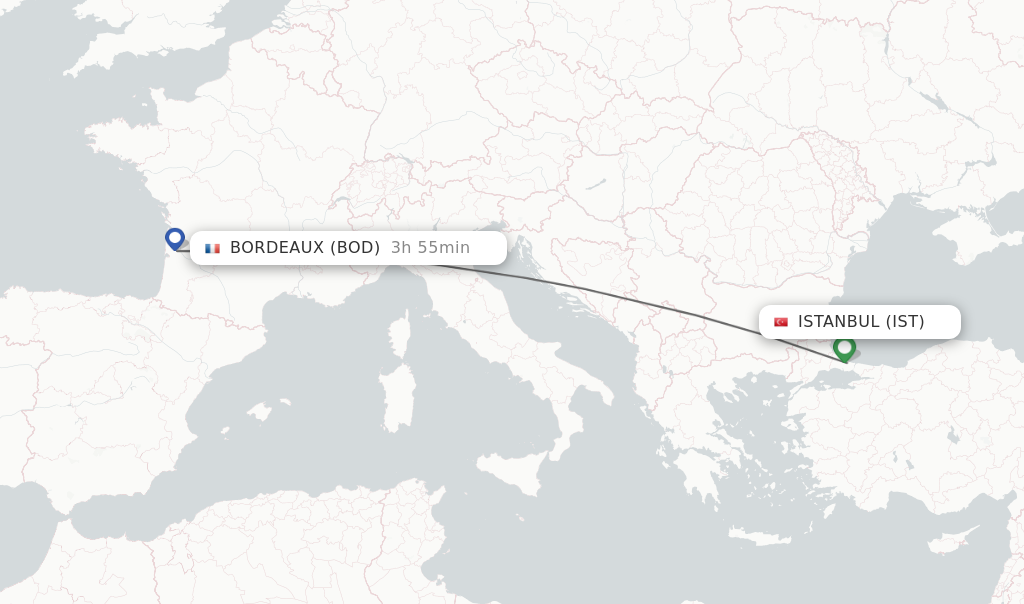 Flights from Istanbul to Bordeaux route map