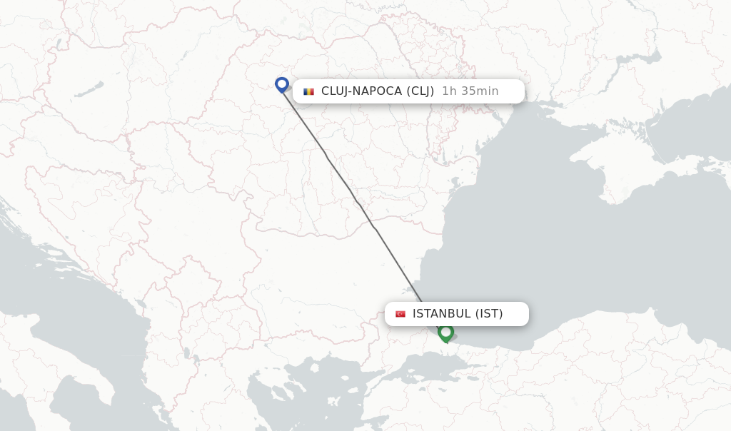 Flights from Istanbul to Cluj-Napoca route map