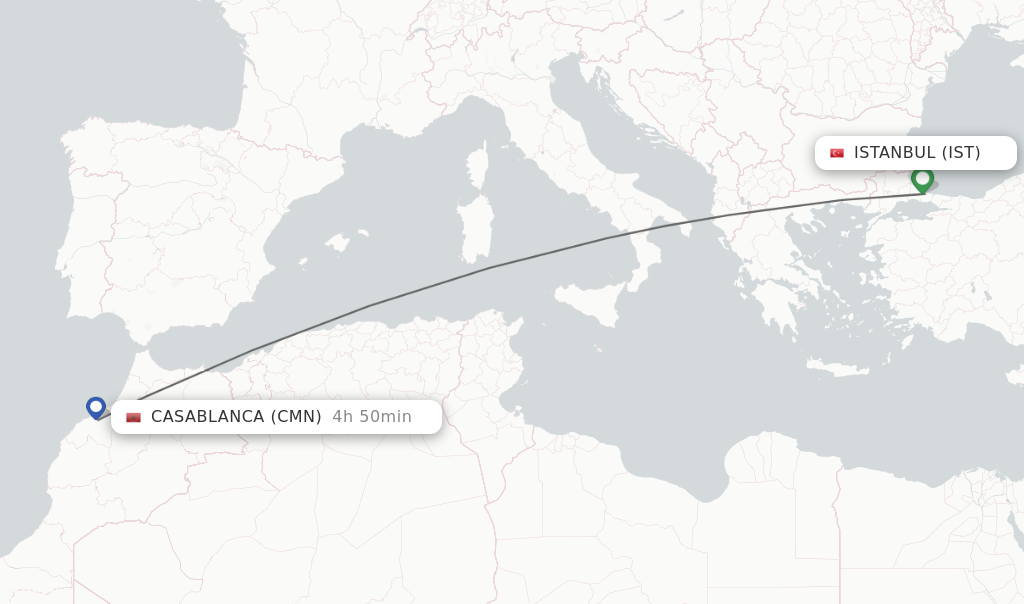 Flights from Istanbul to Casablanca route map