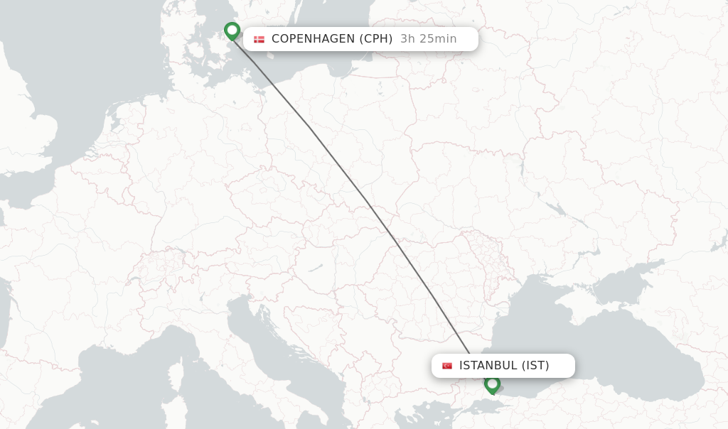 Flights from Istanbul to Copenhagen route map