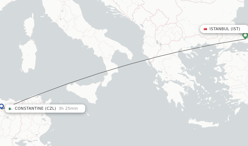 Flights from Istanbul to Constantine route map