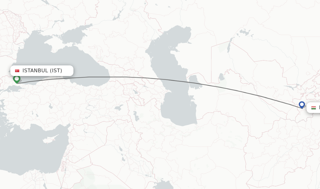Flights from Istanbul to Dushanbe route map