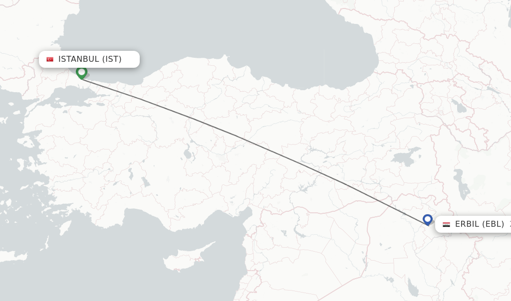 Flights from Istanbul to Erbil route map