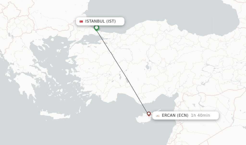 Flights from Istanbul to Ercan route map