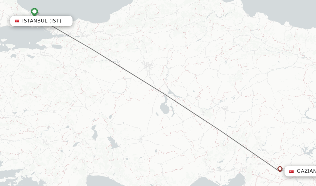 Flights from Istanbul to Gaziantep route map