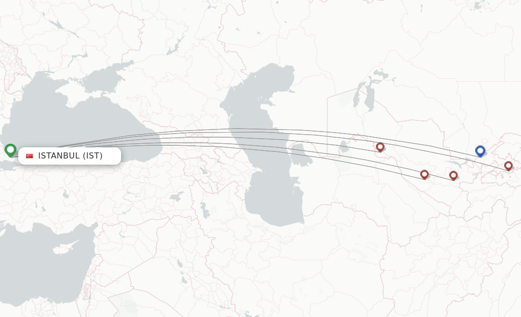 Route map with flights from Istanbul with Uzbekistan Airways