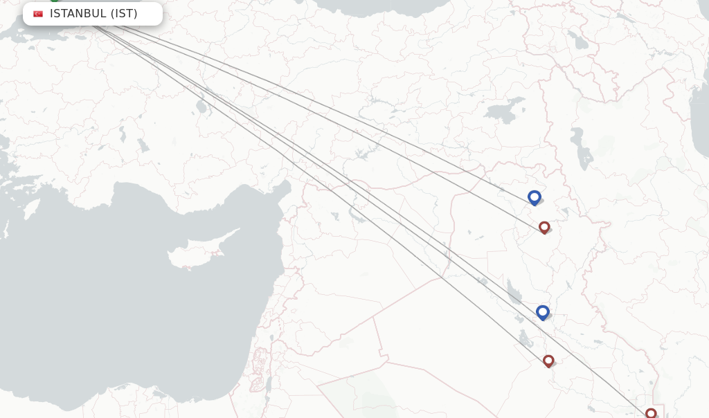 Route map with flights from Istanbul with Iraqi Airways