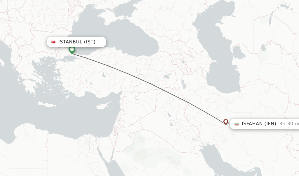 Flights from Istanbul to Isfahan route map