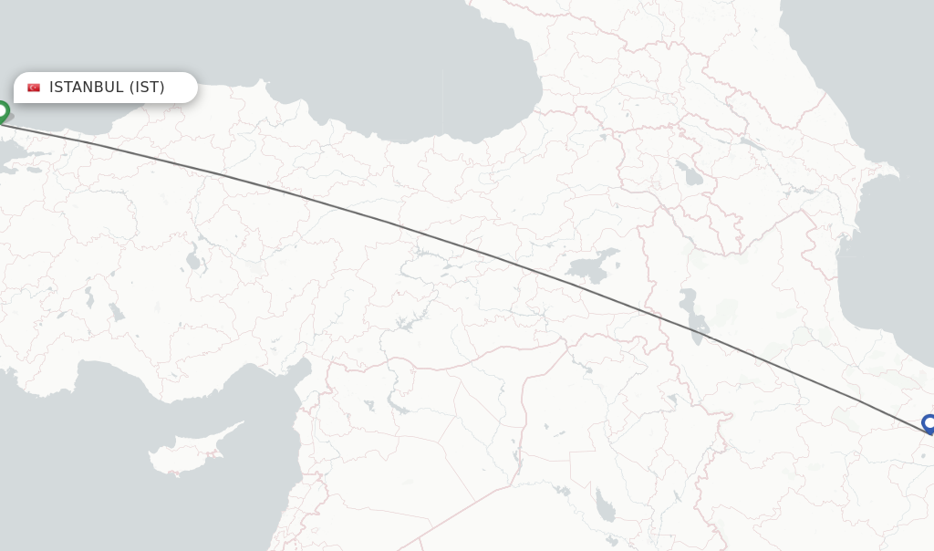Flights from Istanbul to Tehran route map