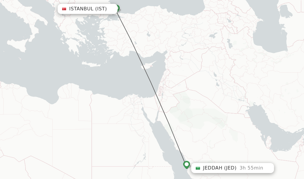 Flights from Istanbul to Jeddah route map